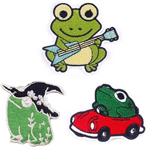 3 x Frosch-Aufnäher, niedliche Tier-Aufnäher, Frosch-Spiel-Gitarre, bestickte Applikation, lustige Cartoon-Aufnäher, zum Aufnähen, dekorative Patches für Kleidung, Hut, Hosen, Jacken von Buosha