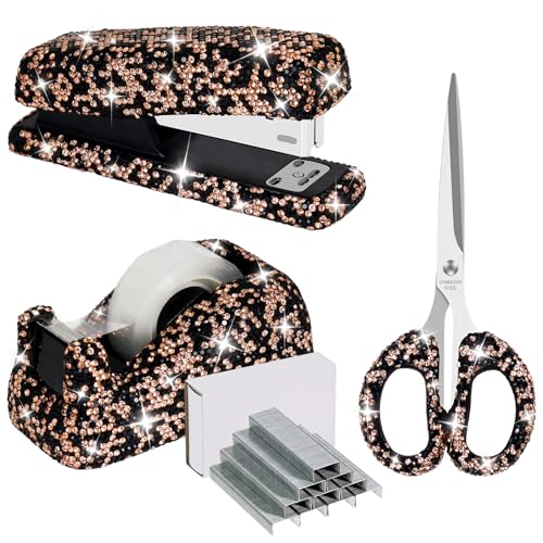 Buqoo Schreibtisch-Organizer und Zubehör, Bürobedarf-Set, Glitzerkristall, Heftgerät und Klebebandspender, Set mit 1000 Heftklammern und 16 cm Schere, für Schule, Zuhause, Büro, 5-teiliges Set von Buqoo
