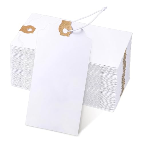 Buqpow 120 Stück Etiketten mit Elastischer Schnurmarkierung, Hängeetiketten mit Befestigter Schnur, Verstärktes Loch, Beschreibbare Etiketten, 4,76 X 2,36 von Buqpow