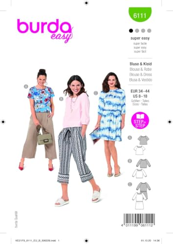 Burda 6111 Schnittmuster Bluse und Kleid (Damen, Gr. 34-44) Level 1 super Easy von Burda