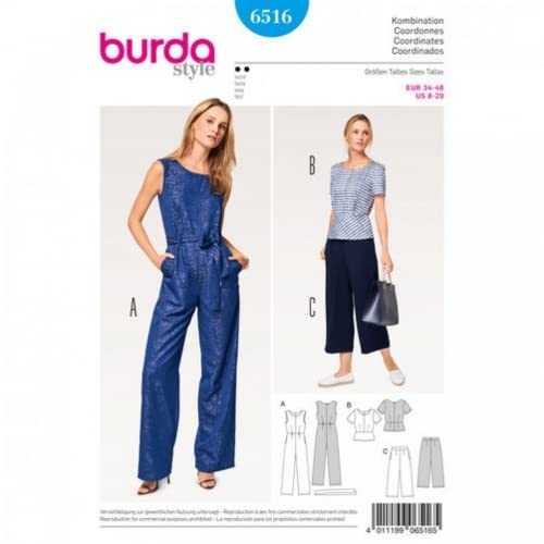 Burda Einfaches Schnittmuster 6516 für Damen, Oberteil, Hose und Overall von Burda