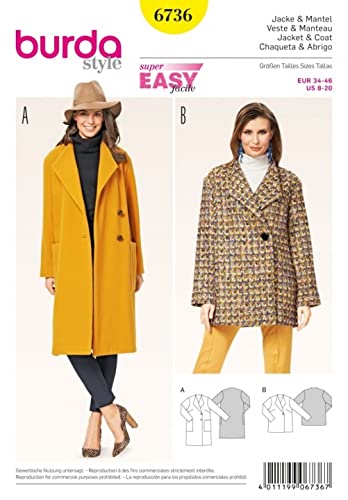 Burda Damen Schnittmuster 6736 Mantel & Jacke + Gratis Minerva Crafts Craft Guide von Burda