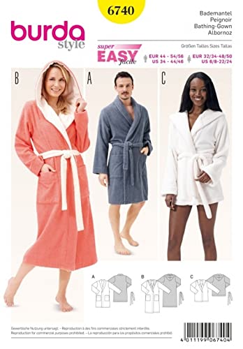 Burda Easy Schnittmuster 6740 für XS-XL Bademäntel, Pyjamas (Herren, Damen) von Burda