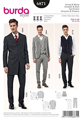 Burda Herren Schnittmuster 6871 – Anzugjacken, Weste & Hose von Burda