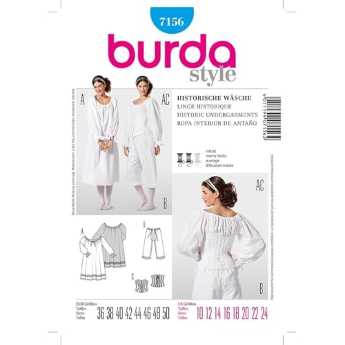 Burda 7156 Historische Unterwäsche Schnittmuster für Nachthemd, Pantalons und Korsett (nur Einheitsgröße) Burda 7156 Historische Unterwäsche Schnittmuster für Nachthemd, Pantalons und Korsett (nur Einheitsgröße) von Burda