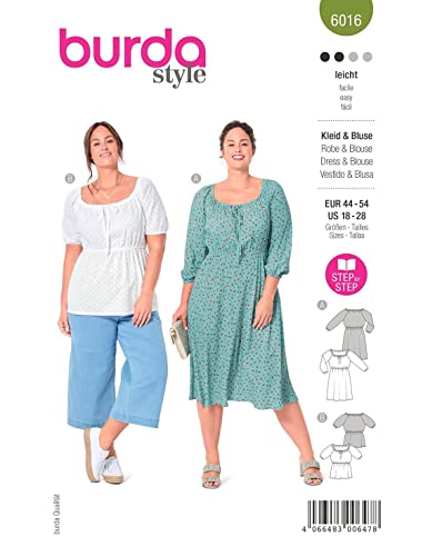Burda Style Katalog-Schnittmuster Bluse und Blusenkleid in Midilänge | Damen, Gr. 44-54 | Nählevel: Leicht #6016 von Burda