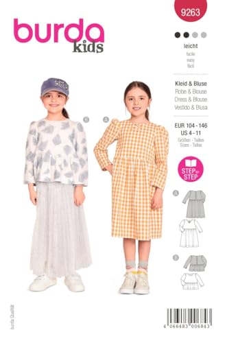 Burda Style Katalog-Schnittmuster Kleid und Oberteil mit Raffungen | Kinder, Gr. 104-146 | Nählevel: Leicht #9263 von Burda