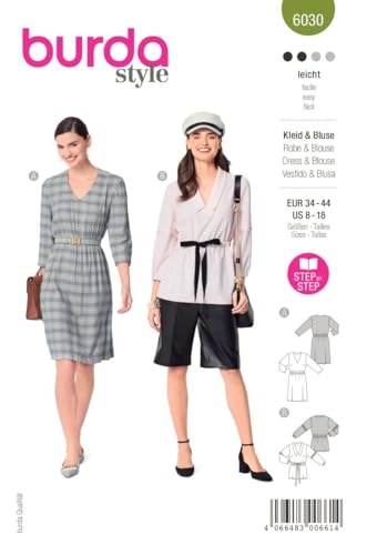 Burda Style Katalog-Schnittmuster Midikleid und Bluse mit Gummizug | Damen, Gr. 34-44 | Nählevel: Leicht #6030 von Burda
