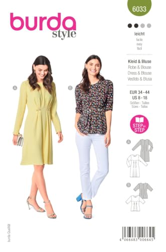 Burda Style Katalog-Schnittmuster Midikleid und Bluse mit Knöpfen | Damen, Gr. 34-44 | Nählevel: Leicht #6033 von Burda