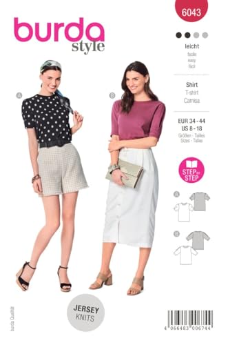 Burda Style Katalog-Schnittmuster T-Shirts mit unterschiedlichen Ärmeln | Damen, Gr. 34-44 | Nählevel: Leicht #6043 von Burda