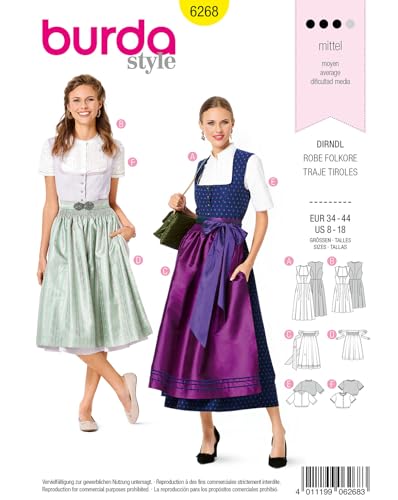 Burda Style Schnittmuster #6268 Damen Dirndl in 2 Längen mit Bluse und Schürze Gr. 36-46 von burdastyle