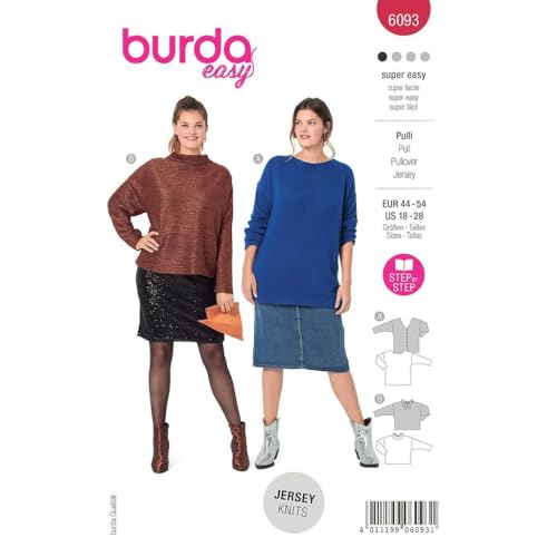 Burda Style Schnittmuster Pullovervariationen zum selber nähen | Damen, Gr. 44-54 | Nählevel: super leicht #6093 von Burda