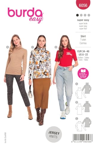 burdastyle Style Katalog-Schnittmuster Shirtvariationen zum selber nähen Damen, Gr. 34-48 Nählevel: Super Leicht #6056 B6056 weiß von Burda