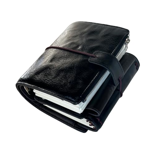 Burxxong Terminplaner im Taschenformat, A7, echtes italienisches Alaska-Leder, nachfüllbar, Stalogie-Ring-Planer, 3-fach gefalteter Stil mit 25 mm Ringbuch, TN-Passport-kompatibel (Posh Black) von Burxxong