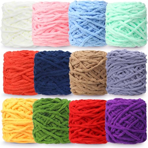 Buryeah Dickes Chenille-Garn zum Häkeln, weiches, dickes, flauschiges Garn zum Handstricken, sperrige Samtdecke, Plüsch zum Weben, Basteln, je 100 g, 50 Meter (klassische Farben, 12 Stück) von Buryeah