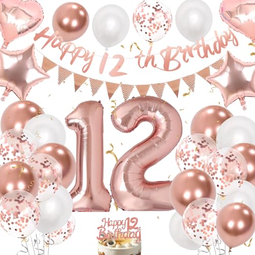 12 Geburtstag Dekorationen Mädchen, 12 Geburtstag Deko Rosegold, 12 Geburtstag Luftballons mit Happy 12th Birthday Banner Nummer 12 Folienballons für Mädchen Party Dekorationen von Businey