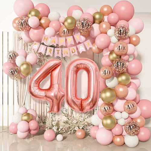 40 Geburtstag Dekorationen für Frauen, Rose Gold 40 Ballon Bogen Girlande Kit, Zahl 40 Folienballons, Happy Birthday Banner, Konfetti Ballon für Frauen Party Dekorationen Supplies Alter 40 von Businey