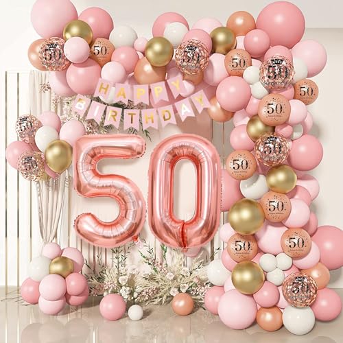 50 Geburtstag Dekorationen für Frauen, Rose Gold 50 Ballon Bogen Girlande Kit, Zahl 50 Folienballons, Happy Birthday Banner, Konfetti Ballon für Frauen Party Dekorationen Supplies Alter 50 von Businey