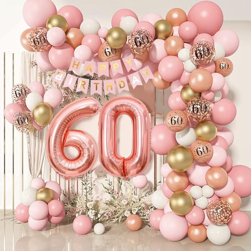 60 Geburtstag Dekorationen für Frauen, Rose Gold 60 Ballon Bogen Girlande Kit, Zahl 60 Folienballons, Happy Birthday Banner, Konfetti Ballon für Frauen Party Dekorationen Supplies Alter 60 von Businey