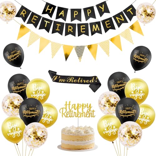 Ruhestand Party Dekorationen Schwarz Gold Happy Retirement Banner Wimpelkette Flaggen Luftballons Kuchen Topper Schärpe Abschied Ruhestand Party Supplies für Männer Frauen Ruhestand Party Dekorationen Schwarz Gold Happy Retirement Banner Wimpelkette Flaggen Luftballons Kuchen Topper Schärpe Abschied Ruhestand Party Supplies für Männer Frauen von Businey