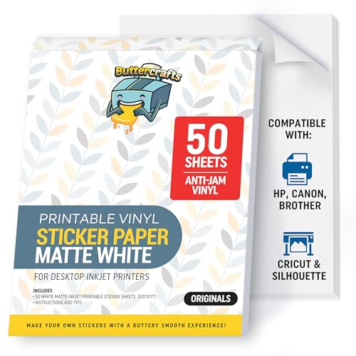 Buttercrafts Bedruckbares Vinyl – Aufkleberpapier – bedruckbares Aufkleberpapier für Tintenstrahldrucker – wasserdichtes Aufkleberpapier für Cricut (mattes Aufkleberpapier weiß, 50 Blatt, 21,6 x 27,9 von Buttercrafts