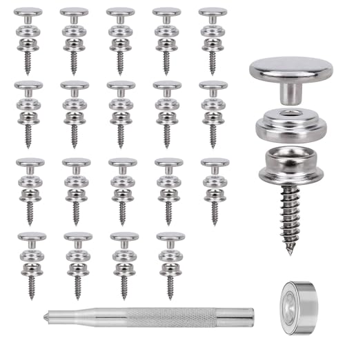 Druckknopf zum Anschrauben Edelstahl, Druckknöpfe Schrauben Set, Planenschrauben 20st Druckknopf Set,15mm Schrauben Druckknopf mit 2 Fixierwerkzeug für Schiffe Planen Möbel Autozelte Segeltuch von Butyeak