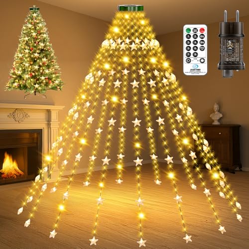 Lichterkette Weihnachtsbaum 2M, 240 LED Christbaumbeleuchtung mit Ring 12 Stränge Lichterkette Sterne, 8 Modi Timer Wasserdicht Lichterkette Innen Außen Weihnachtsbaum für 150cm, 180cm, 210cm, 240cm von Buudala