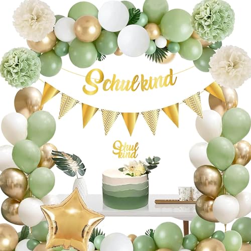 Buy by Brothers Einschulung Deko Unisex, Luftballon Girlande, Caketopper, Banner, Dekorationsset Schuleinführung, Kaki, Grün, Gold von Buy by Brothers
