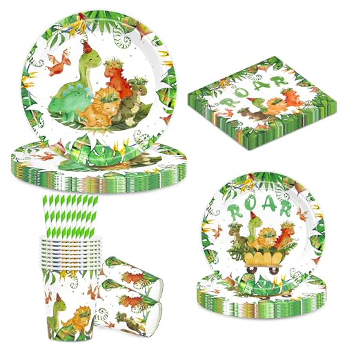 BuyCard Dinosaurier Geburtstag Geschirr Set für 10 Personen,60 Stück Dino Partygeschirr Set Pappteller Kindergeburtstag, Pappteller Tassen Servietten für Kindergeburtstag, Party Deko. von BuyCard