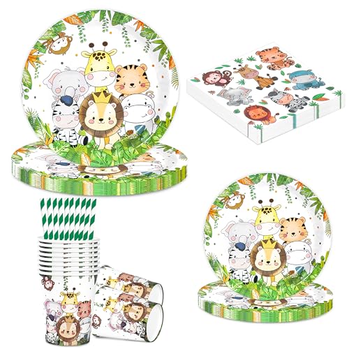 BuyCard Dschungel Safari Geburtstag Geschirr Set für 10 Personen,60 StüCk Dschungel Deko Geburtstag Set Pappteller Kindergeburtstag, Pappteller Tassen Servietten für Kindergeburtstag. von BuyCard