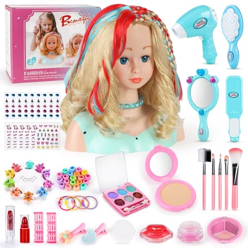 BuzzoXerex Frisierkopf Kinder Set, 58 Stück Schminkkopf für Mädchen Waschbar, Puppenkopf Zum Frisieren Kinder mit Haarzubehör und Kosmetik Geburtstags Weihnachten Geschenke für 3 ab Jahren (Blau) von BuzzoXerex