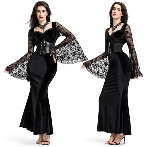 BuzzoXerex Gothic Kleidung Damen, Morticia Addams Kostüm Halloween Kostüm mit Korsett, Halskette, Lace Trompetenärmel Samtstoff Renaissance Kleid Damen für Halloween Party Cosplay Ballkleid (XL) von BuzzoXerex