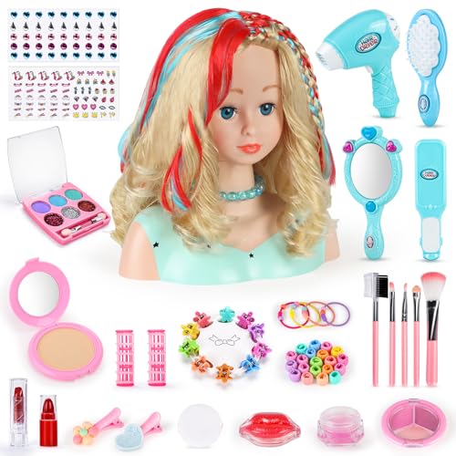 BuzzoXerex Schminkpuppe Frisierkopf für Kinder, Frisierkopf Kinder Set mit Kinderschminke Friseur Zubehör, Puppenkopf zum Frisieren Geschenk für Mädchen 3 4 5 6 Jahre (Bunt) von BuzzoXerex