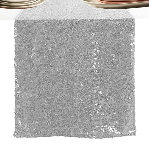 Bvxchg Pailletten Tischläufer Party Dekorationen Tischdekoration Paillettenstoff für Brautpaar, Weihnachten, Party und Jubiläum (30cmx275cm) (Silber) von Bvxchg