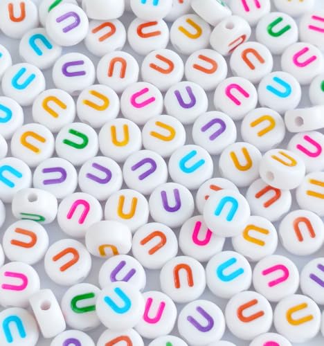 Bxwoum Buchstabenperlen, 4 x 7 mm, Acrylperlen, Alphabet-Perlen zur Schmuckherstellung, weiß, rund, mehrfarbig, Vokal-Buchstaben U, Perlen für Armbandherstellung, Halsketten (mehrfarbig, flach, rund von Bxwoum