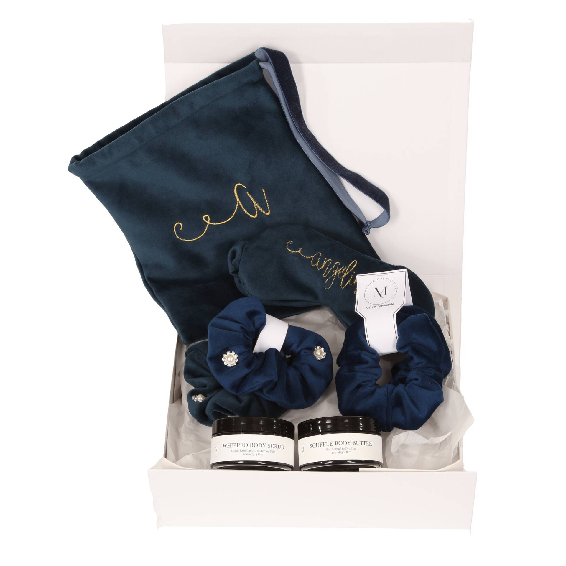 Personalisierte Geschenkbox Mit, Schlafmaske, Körperpeeling, Körperbutter Und Bedazzled Haar Scrunchies von ByMoonie