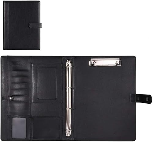 ByNGSDCC Portfolio-Ordner Konferenzmappe A4 Herren und Damen Leder Businessmappe Profi Vegane Lederkombination mit Dokumententasche Taschenrechner Notizblock Stifttaschen for Büroarbeiten(Black) von ByNGSDCC