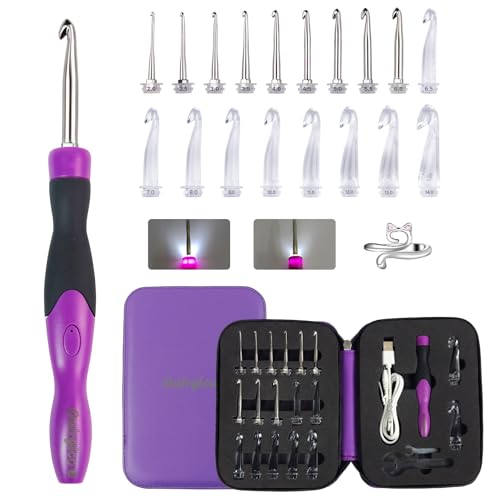 Leuchtendes Häkelnadel-Set, 18 Größen, austauschbare Häkelnadeln, 2,0 ~ 14,0 mm, ergonomische Häkelnadeln, beleuchtete Häkelnadeln (beleuchtetes Häkelnadel-Set) von Bybykoi
