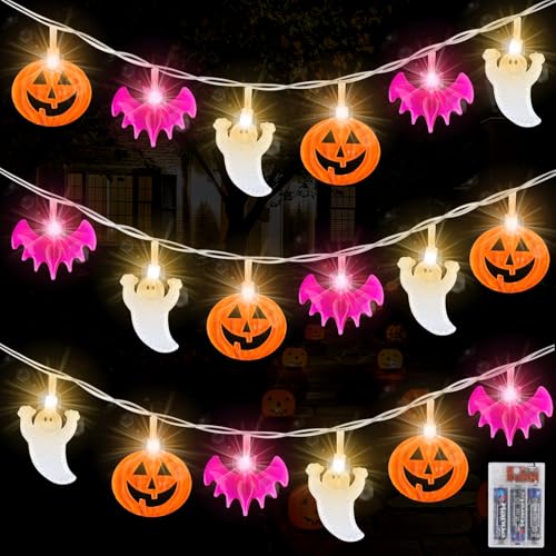 Byffoer Halloween Lichterkette 3M 20LEDs - Orange Kürbisse, Lila Fledermäuse, Spinne und Weiße Geister für Deko Party Garten von Byffoer