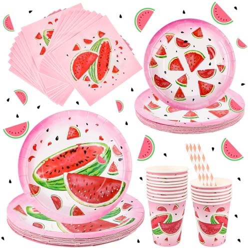 Wassermelonen-Partygeschirr-Set, 80 Stück Geburtstag Deko Kindergeburtstag, Party Teller Mit Tischdecken Tassen Strohhalme Servietten für Babydusche Geburtstagsparty von Byffoer