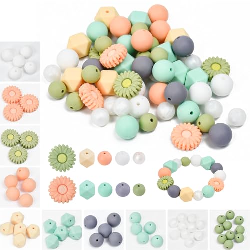 Byfoyif 56 Stück Silikonperlen mit Loch Bulk Daisy Rubber Lose Silikonperlen für Stifte Handwerk Halskette Armband Schlüsselanhänger Machen von Byfoyif
