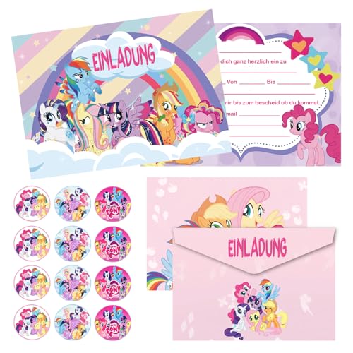 Byhsoep 12x My-Little-Pony Einladungskarten Kindergeburtstag mit 12 Umschlag, 12 Runder Aufkleber, Pony Deutsch Einladungskarten für Einladungen zum Geburtstag Mädchen Kindergeburtstag von Byhsoep