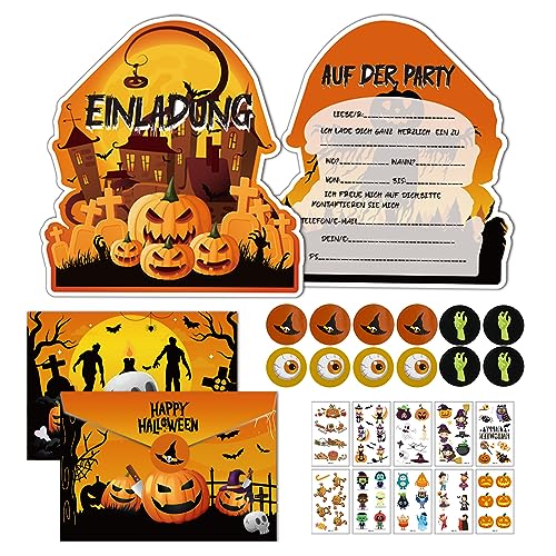 Byhsoep 12x Halloween Kürbis Einladungskarten mit 12 Umschlag,10 Tattoo Halloween,12 Runder Aufkleber,Halloween Kürbis Einladungskarten Deutsch für Halloween Party Einladung von Byhsoep