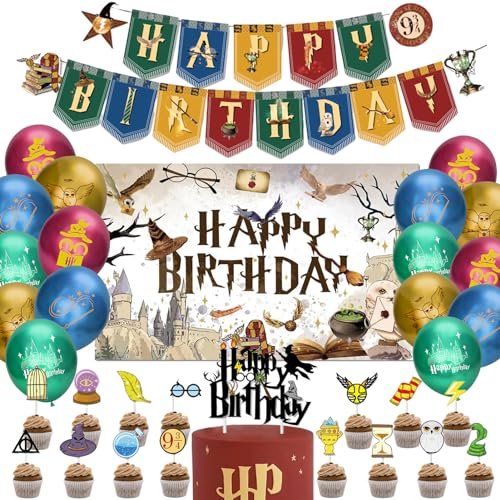 Harry Geburtstags Deko,Wizard Party Dekorationen mit 150x100CM Hintergrund,Luftballons,HAPPY BIRTHDAY Banner,Kuchen Deko,für Magische Zauberer Kindergeburtstag von Byhsoep