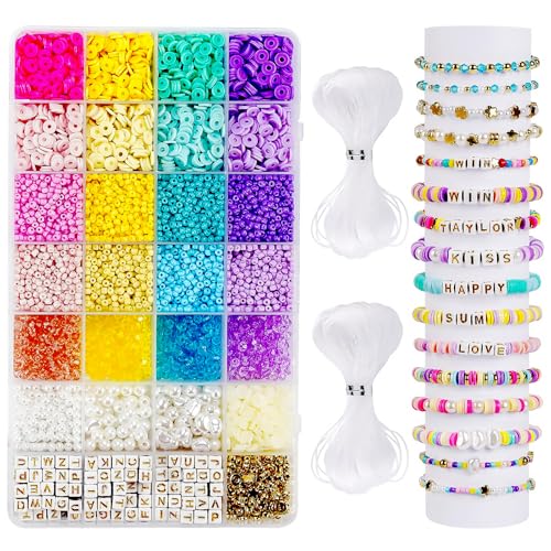 Byitin 3mm Perlen für Armbänder (6600Pcs), 28 Farben Glasperlen zum Auffädeln, Mit Pearl und Buchstaben Perlen Set für Erwachsene Schmuck Selber Machen von Byitin