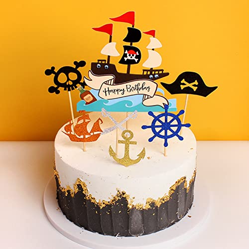 Bymivofun 13 Stück Piraten Kuchen aufsätze, Glitzer Piraten Kuchen Deckel, Happy Birthday Kuchenaufsatz, für Kinder Jungen Geburtstags Halloween Party Muffin Dekoration von Bymivofun