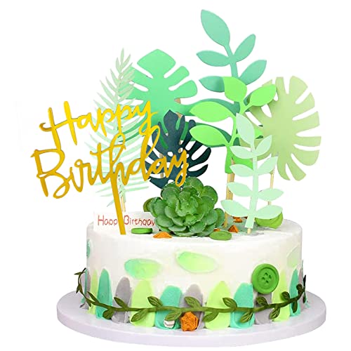 Bymivofun 15 Stück Blätter Kuchen Toppers, alles Gute zum Geburtstag Kuchenaufsatz, tropische Palmblätter Kuchendekoration, für Kindergeburtstage, tropische hawaiianische Themen-Party-Zubehör von Bymivofun