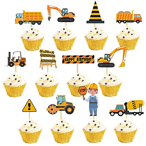 Bymivofun 24 Stück Baufahrzeug Cupcake Topper, Auto Bagger Kuchendekoration, Bagger Cake Topper, für Kinder Jungen Kinder Geburtstagsfeier Dekoration von Bymivofun