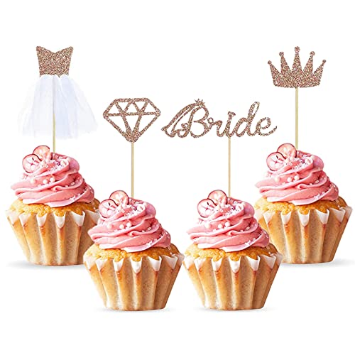 Bymivofun 24 Stück Glitter Braut Kuchendeckel, Bride Diamond Crown Hochzeitskleid Cupcake Topper, für Brautparty, Jungge sellinnenabschied, Bachelorette Party Supplies von Bymivofun