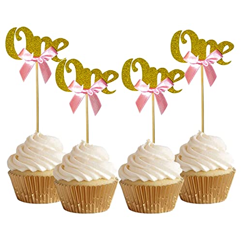 Bymivofun 24 Stück Glitter One Cupcake Topper, Cupcake Dekorationen zum 1. Geburtstag, für Jubiläum, Geburtstag, Kinderparty Dekorationen (Gold) von Bymivofun